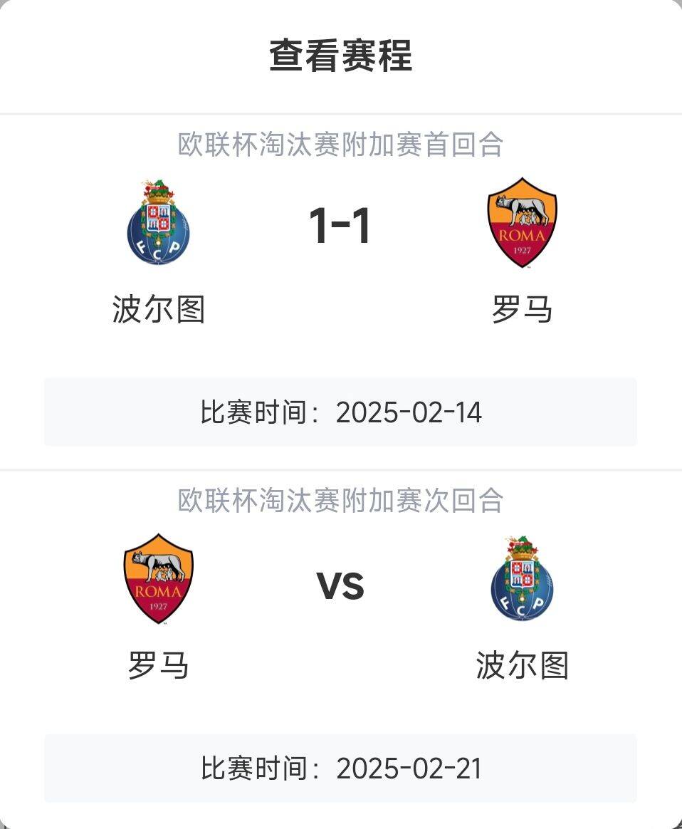 羅馬頂?shù)米幔恳饧讱W戰(zhàn)8隊3隊直通4隊出局，羅馬首回合1-1波爾圖